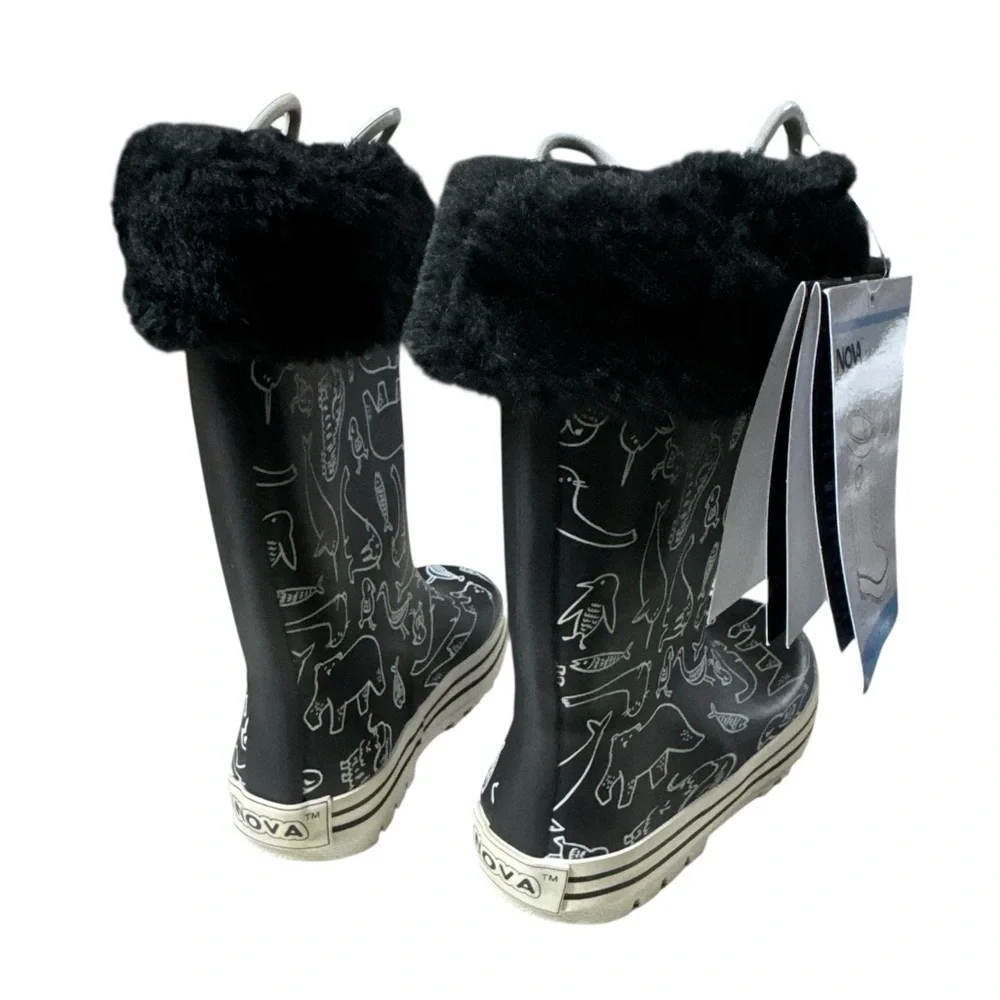 NOVA Black Dinosaur Print Rain Boots with Removable Fur Lining - Kids Size 11